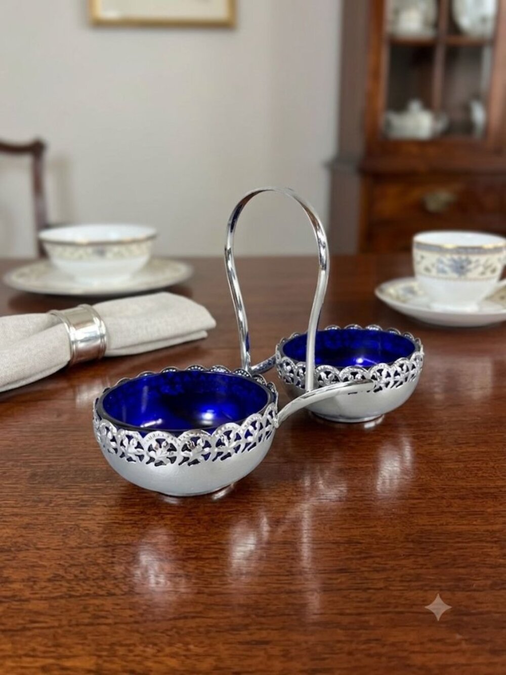 Vintage English Cobalt Blue Glass Double Serving Dish Silver-Plated Handle